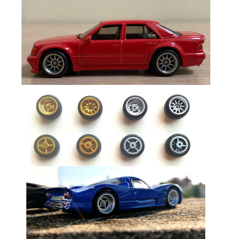 4PCS 1/64 Scale Alloy Car Model 5.2mm/11mm Size Rubber Tires + Wheels + Axles for Modified 1:64 Matchbox/Domeka/HW Model Cars