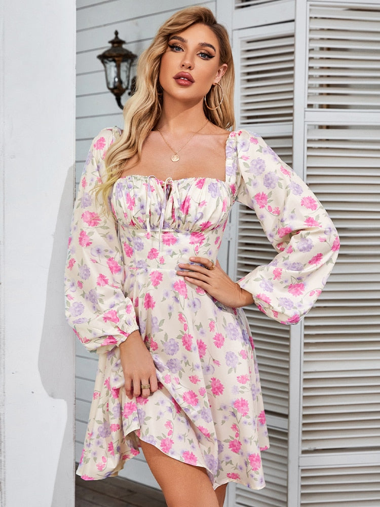 NewAsia Floral Dress Women Lantern Long Sleeve Ruched Print A Line Square Neck Tie up Mini Vestidos Sexy Chic Summer Beach Dress
