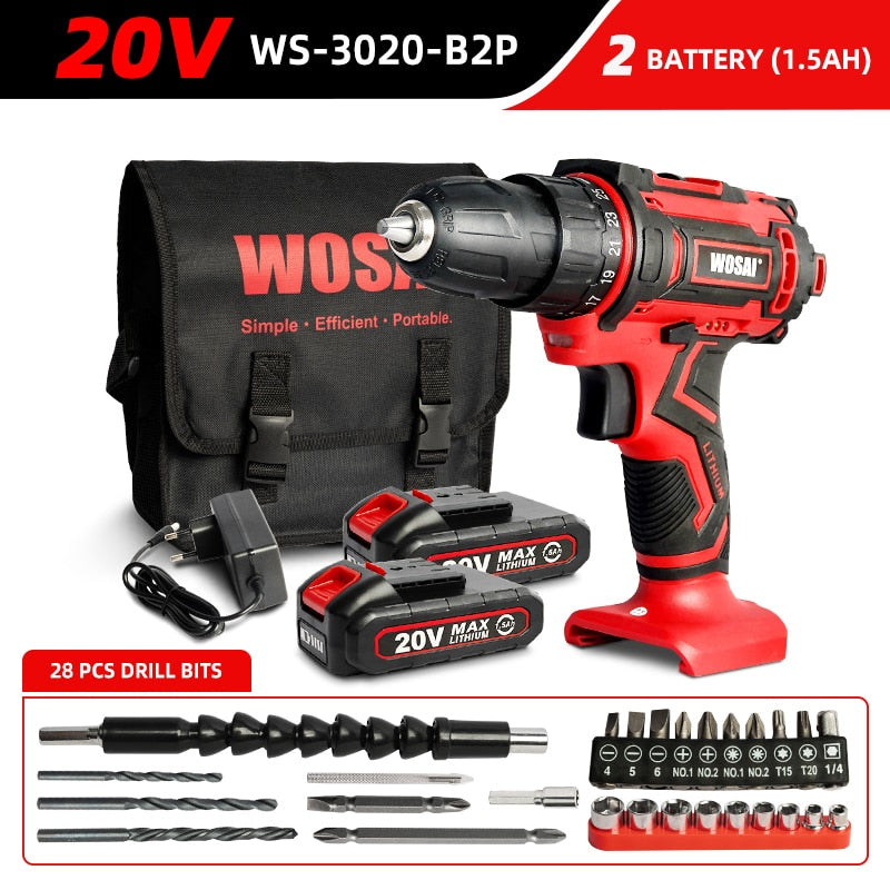WOSAI New 20V Cordless Drill Electric Screwdriver Mini Wireless Power Driver DC Lithium-Ion Battery 3/8-Inch 2 Speed Power Tools
