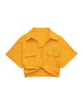 TRAF Women Fashion Front Knot Elastic Linen Cropped Shirts Vintage Short Sleeve Patch Pockets Female Blouses Blusa Chic Tops