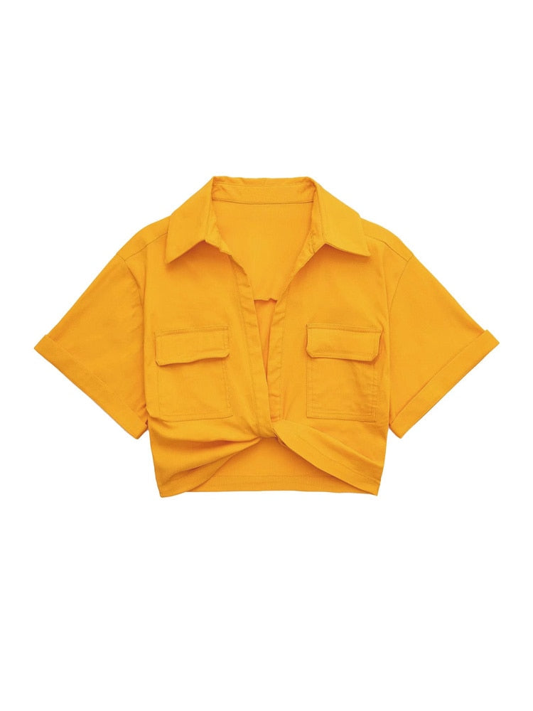 TRAF Women Fashion Front Knot Elastic Linen Cropped Shirts Vintage Short Sleeve Patch Pockets Female Blouses Blusa Chic Tops
