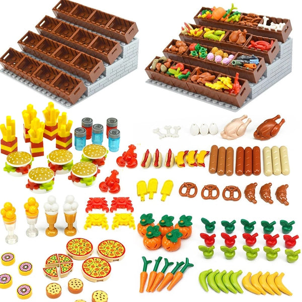 Food Building Blocks City Friend Accessories Bread Chips Roast Chicken Pizza Hot Dog Fish Fruit Carrot Basket Classic DIY Bricks