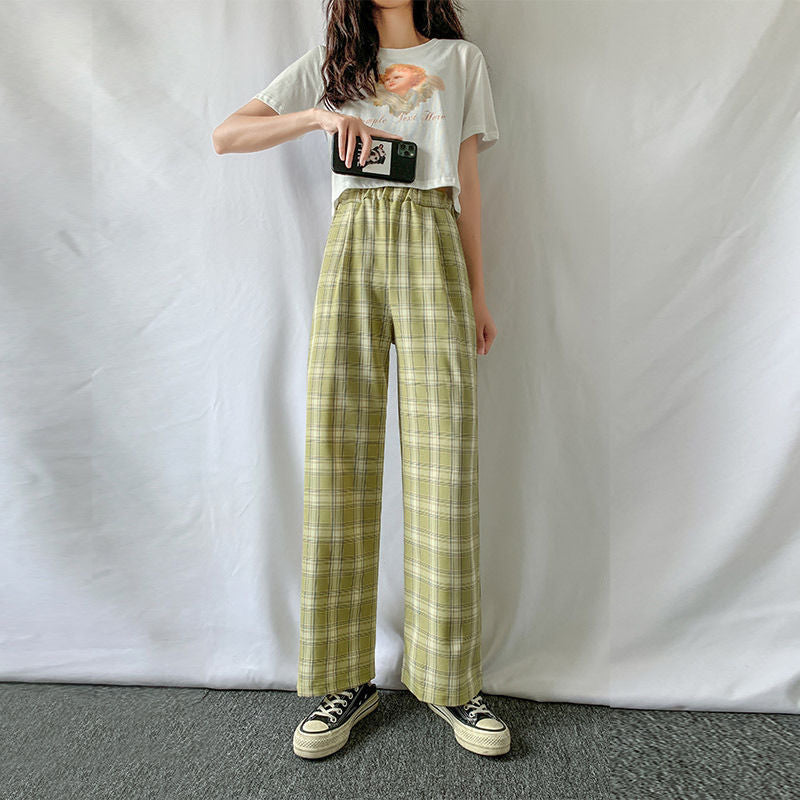 Plaid Thin pants women summer 2022 new high-waisted loose-fitting straight trousers dropshipping tug pants casual pants