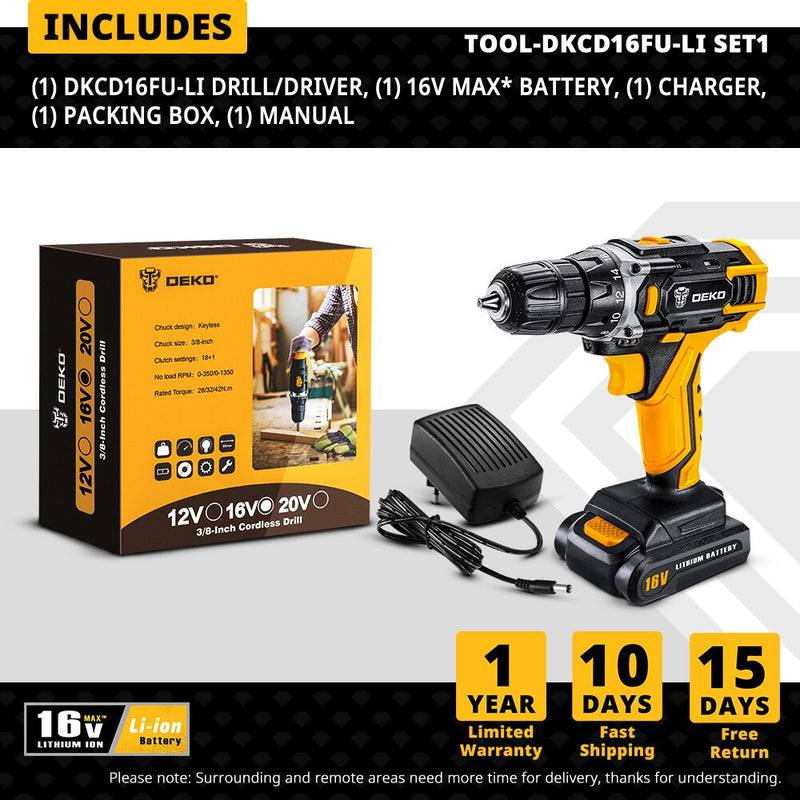 DEKO 12/16/20V MAX CORDLESS DRILL ELECTRIC SCREWDRIVER CHARGEABLE LITHIUM BATTERY POWER TOOLS FOR HOME DIY (DKCD SERIES)