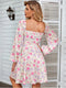 NewAsia Floral Dress Women Lantern Long Sleeve Ruched Print A Line Square Neck Tie up Mini Vestidos Sexy Chic Summer Beach Dress