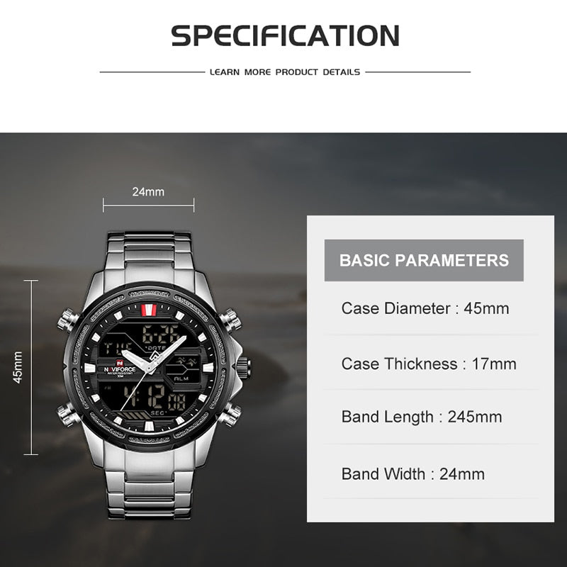 NAVIFORCE Watches for Men Luxury Brand Digital Chronograph Sport Quartz Wristwatch Waterproof Military Steel Band Luminous Clock