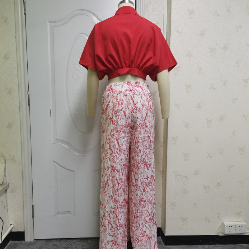Wefads Womens Two Piece Sets Sexy Mid Sleeve Shirt Elgant Floral Print Wide Leg Pant High Streetwear