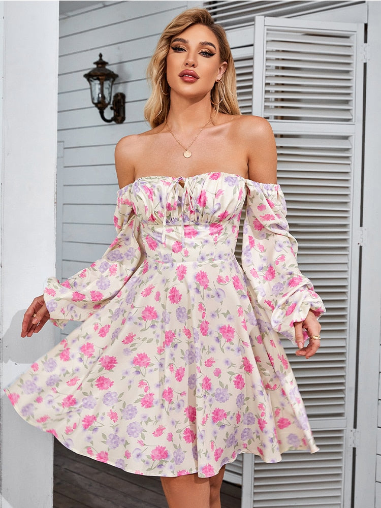 NewAsia Floral Dress Women Lantern Long Sleeve Ruched Print A Line Square Neck Tie up Mini Vestidos Sexy Chic Summer Beach Dress