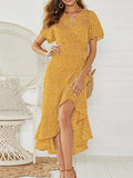 Summer Beach Maxi Dress Women Floral Print Boho Long Chiffon Dress Ruffles Wrap Casual V-Neck Split Sexy Party Dress Robe