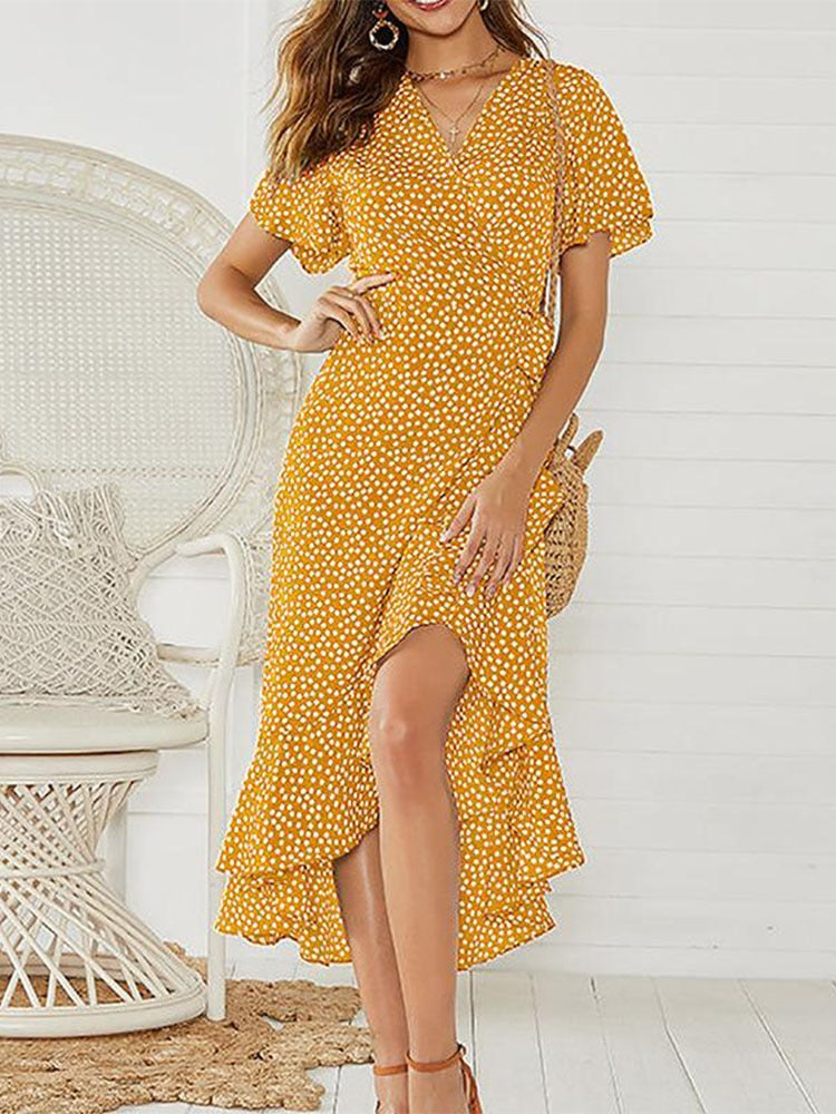 Summer Beach Maxi Dress Women Floral Print Boho Long Chiffon Dress Ruffles Wrap Casual V-Neck Split Sexy Party Dress Robe