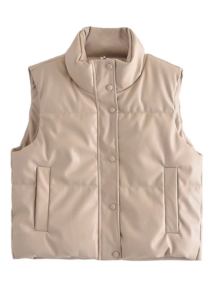 Womens Puffy Vest Down Vest Black Pu Leather Vest Woman Jacket Coat Autumn Winter Outwear Puffer Vest Female  Sleeveless Jacket