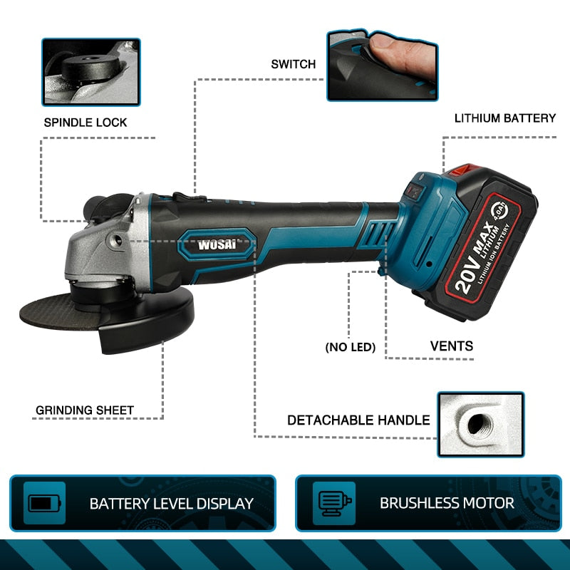 WOSAI M14 Cordless Angle Grinder 20V Lithium-Ion Grinding Machine Cutting Electric Angle Grinder Grinding Brushless Power Tool