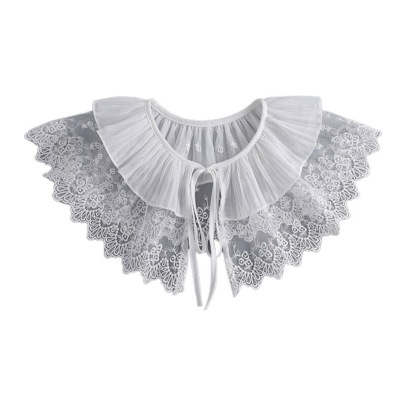 Royal Style Cotton Fake Collar Shawl Wrap Hollow Out Floral Lace Ruffled Trim Necklace Pointed Triangle Lapel Blouse