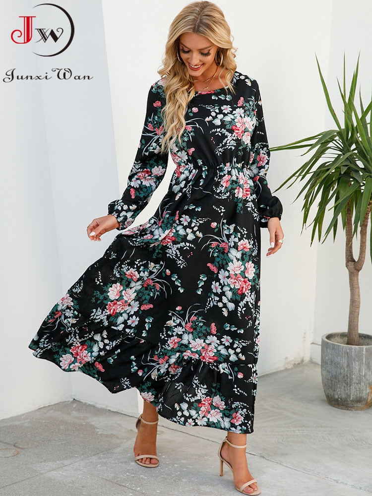 Women Elegant Floral Printed Long Dresses Spring Summer Casual O Neck Long Sleeve Ladies Chic High Waist A Line Beach Dresses