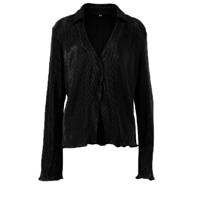Ladies Shirt Suits Pleated Notched Single-Breasted Female Cardigan Two-Piece Loose Shirts and High-Waist Wide-Leg Pants Sets
