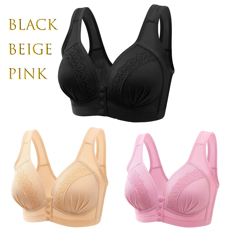 3PCS New Arrival Large Size Front Button Comfortable Gather Bra Breathable Thin Section Without Steel Ring Women Underwear 105
