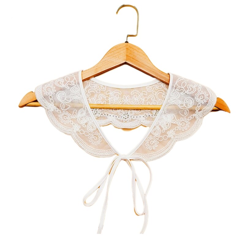 Royal Style Cotton Fake Collar Shawl Wrap Hollow Out Floral Lace Ruffled Trim Necklace Pointed Triangle Lapel Blouse