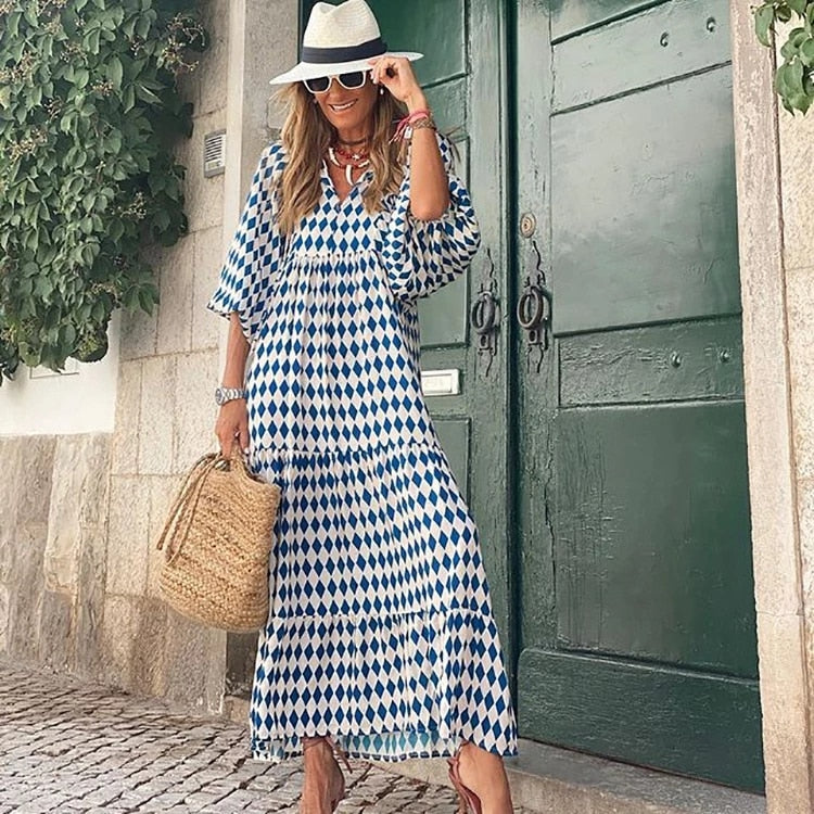 Summer Puff Sleeve Long Dress Women Geometric Print Splicing Half Sleeve Dress Elegant V-Neck Loose Holiday Beach Dress Vestidos