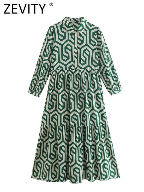ZEVITY New Women Vintage Geometric Print Pleats Casual Slim Midi Shirt Dress Female Chic Pleats Ruffles A Line Vestido DS395