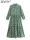 ZEVITY New Women Vintage Geometric Print Pleats Casual Slim Midi Shirt Dress Female Chic Pleats Ruffles A Line Vestido DS395