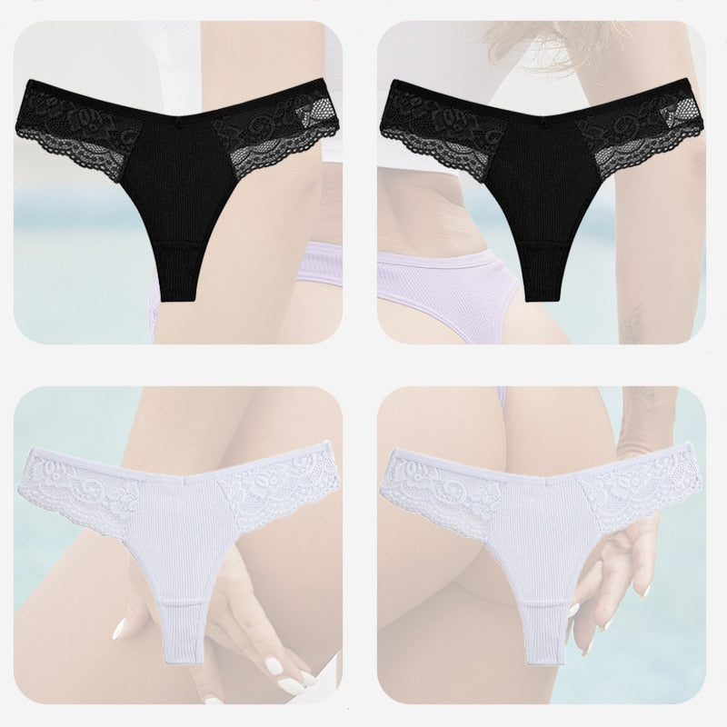 4PCS/Set Sexy Women Cotton Panties Lace Thong Underwear for Female Intimates Lingerie T-Back Floral Hollow Out Plus Size Panties