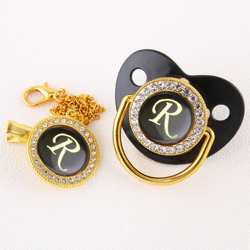 Black Bling Baby Pacifier And Clip Alphabet Letter M Infant Pacifier Gold Letter Unique Name Initials Baby Shower Gift