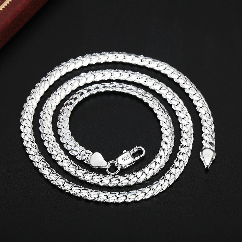 925 silver color Christmas gifts European style retro 6MM flat chain necklace bracelets fashion For man women jewelry sets S085