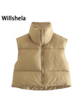 Willshela Women Fashion High Neck Cropped Waistcoat Puff Vest Casual Woman Sleeveless Jacket Chic Lady Winter Warm Outfits