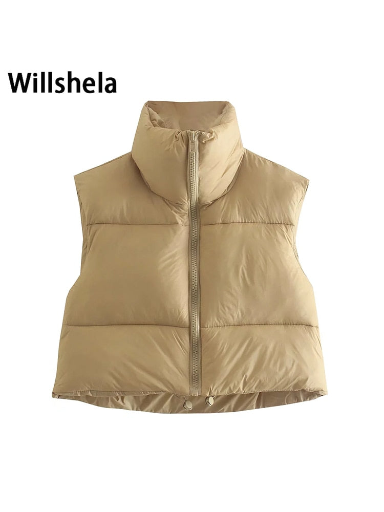 Willshela Women Fashion High Neck Cropped Waistcoat Puff Vest Casual Woman Sleeveless Jacket Chic Lady Winter Warm Outfits