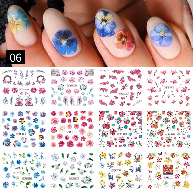 12 Designs Nail Stickers Set Mixed Floral Geometric Nail Art Water Transfer Decals Sliders Flower Leaves Manicures Decoration