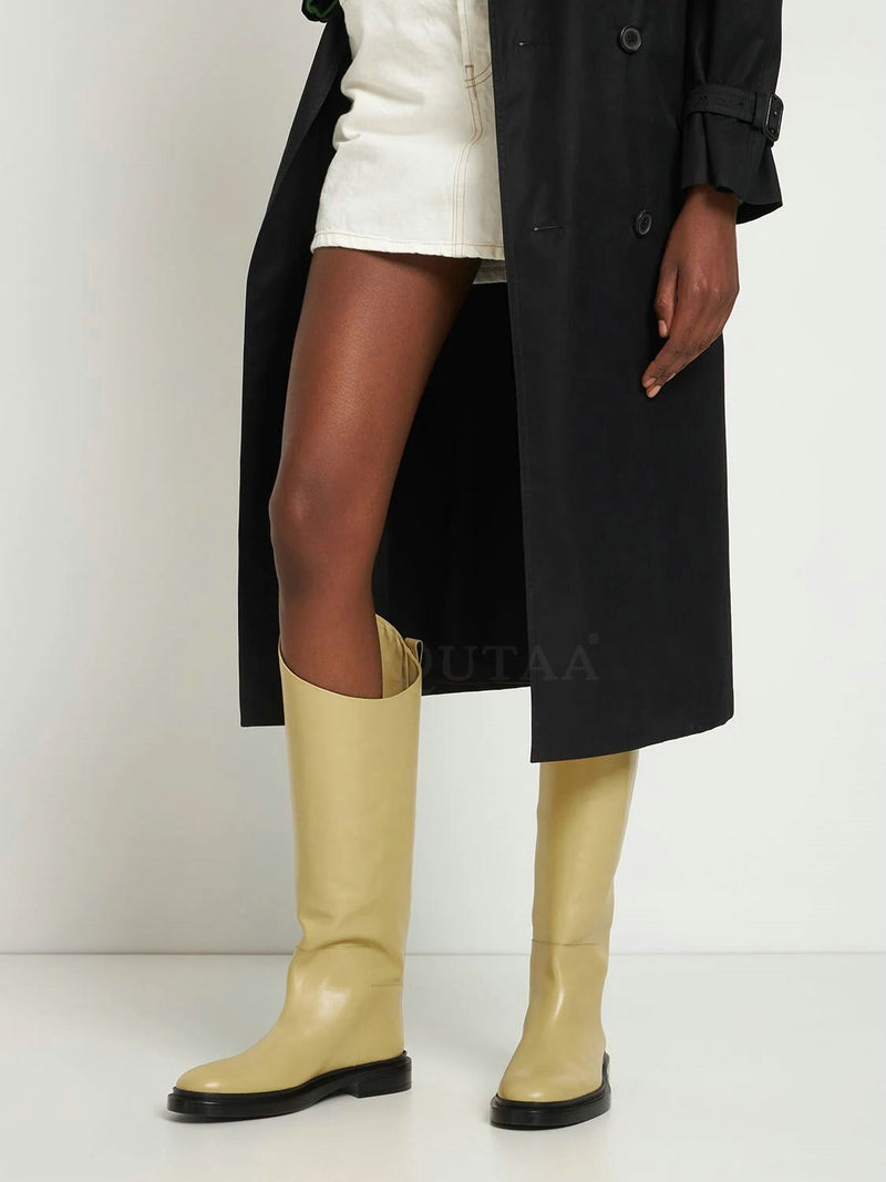 QUTAA 2023 Ins Brand Women Genuine Leather Knee High Boots Low Heel Motorcycle Warm Long Boots Woman Shoes Black Size 34-42