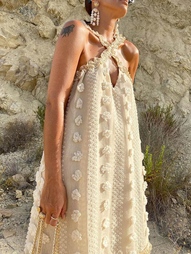 Sleeveless Halter Maxi Summer Dress For Women Fashion Ruffle Beach Long Robe 2022 Elegant Slip Holiday Hollow Out Sundress