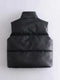 Womens Puffy Vest Down Vest Black Pu Leather Vest Woman Jacket Coat Autumn Winter Outwear Puffer Vest Female  Sleeveless Jacket