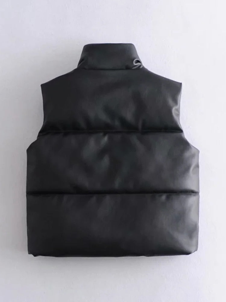 Womens Puffy Vest Down Vest Black Pu Leather Vest Woman Jacket Coat Autumn Winter Outwear Puffer Vest Female  Sleeveless Jacket