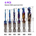 1-6pc M3 M4 M5 M6 M8 M10 Tap Drill Bits 1/4 Hex Shank Machine Hand Taps Titanium Coated HSS Drilling Tap Bits Thread Screw Tools