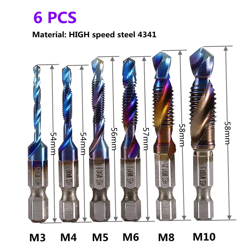 1-6pc M3 M4 M5 M6 M8 M10 Tap Drill Bits 1/4 Hex Shank Machine Hand Taps Titanium Coated HSS Drilling Tap Bits Thread Screw Tools