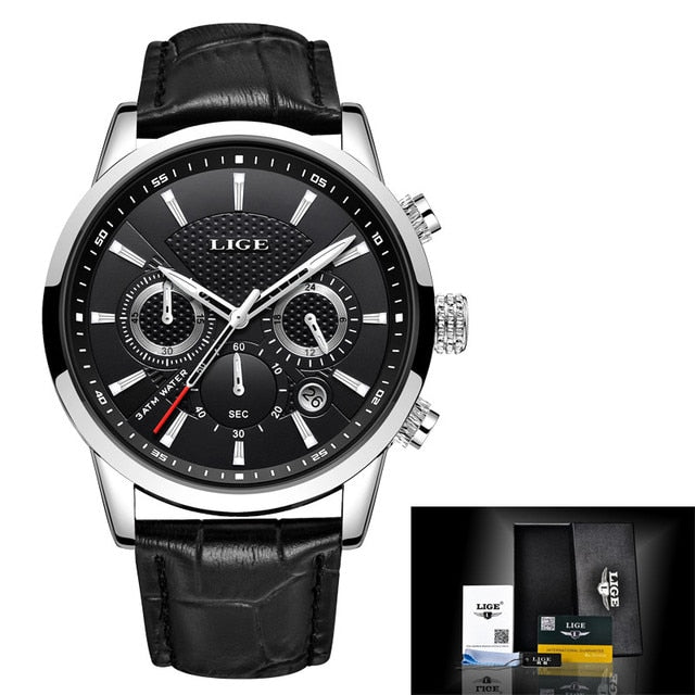 LIGE Men Watch Luxury Leather Waterproof Sport Quartz Wristwatch Chronograph Military Watch for Men Relogio Masculino Men‘s Gift