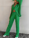 Casual Women&#39;s Shirt Pleated Two Piece Set Green Loose High Waist Wide Leg Pants Suit 2022 Elegant Office Ladies Female Outfits