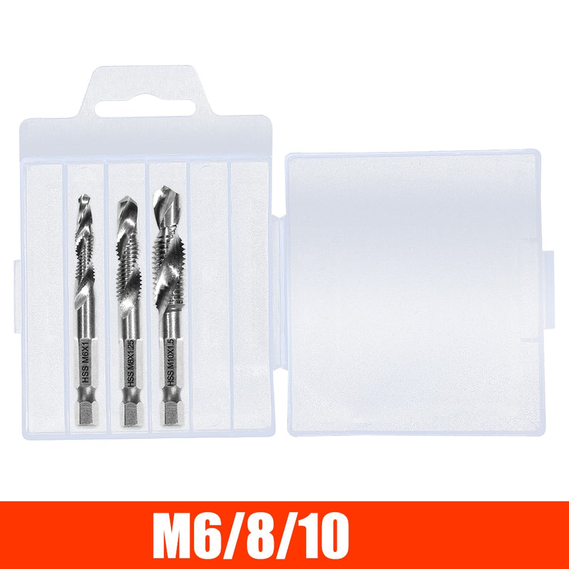 M3 M4 M5 M6 M8 M10 Tap Drill Titanium Plated Hex Shank HSS Screw Machine Compound Hand Tools Metric Thread Tap Drill Bits Set