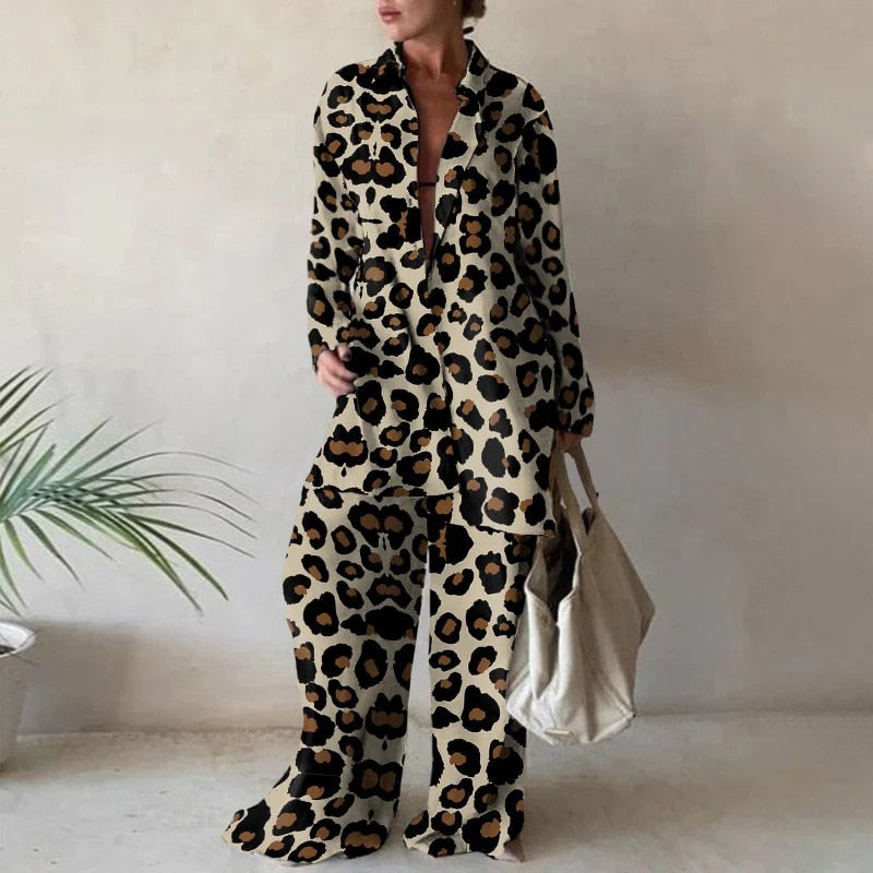 Summer Fashion Printed Loose Long Sleeves Shirts Straight Pants Two Piece Suits New Streetwear Women&