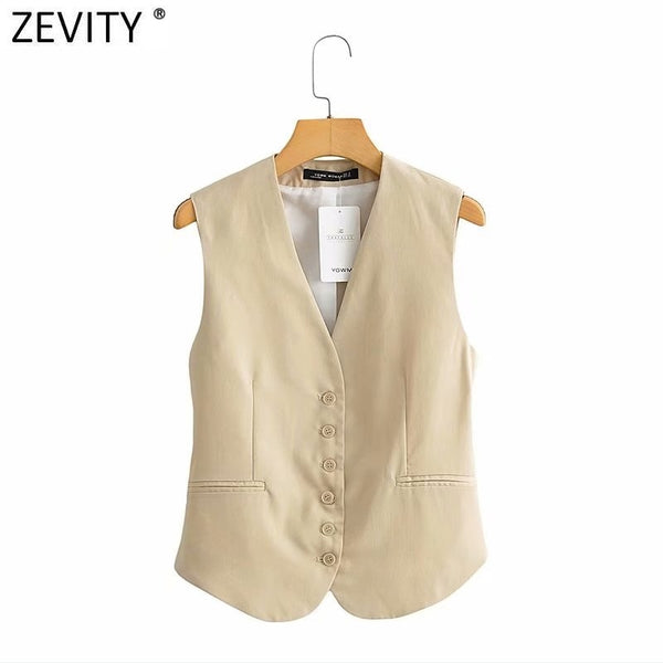 Zevity 2021 Women Fashion Single Breasted Sleeveless Slim Vest Jacket Ladies Business Casual WaistCoat Chic Poplular Tops CT707