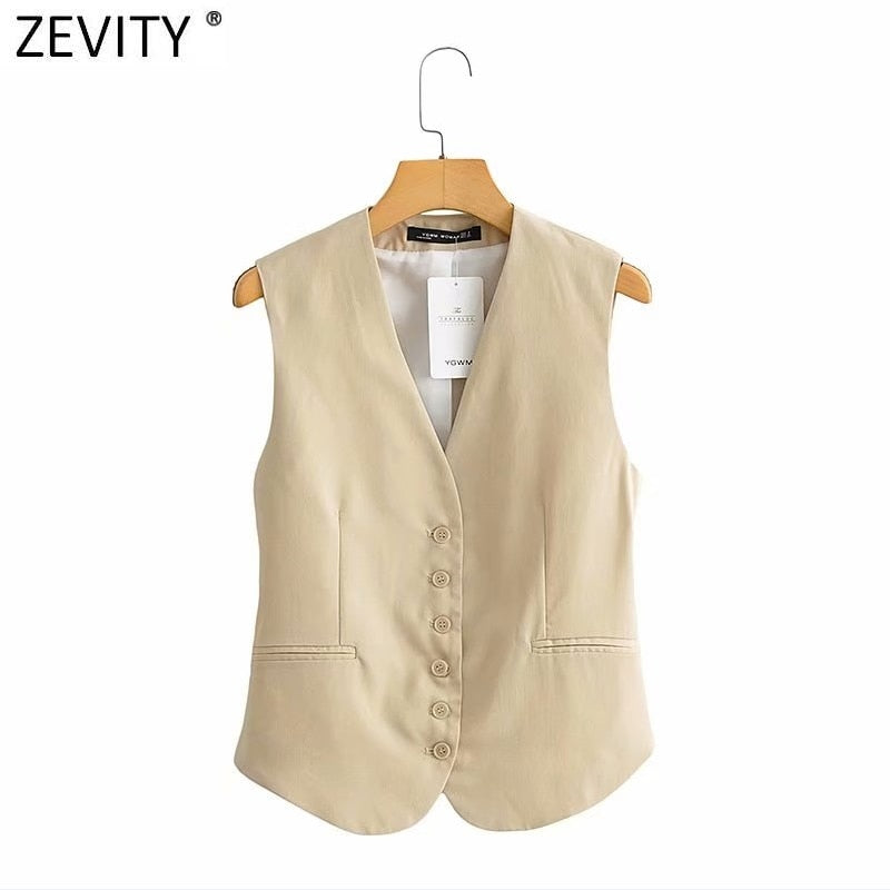 Zevity 2021 Women Fashion Single Breasted Sleeveless Slim Vest Jacket Ladies Business Casual WaistCoat Chic Poplular Tops CT707