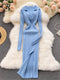 SINGREINY Women Korean Knitted Dress Long Sleeve V Neck Elastic Slim Pencil Dresses 2021 Autumn Sexy Bodycon Split Sweater Dress