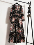 Women Elegant Floral Printed Long Dresses Spring Summer Casual O Neck Long Sleeve Ladies Chic High Waist A Line Beach Dresses