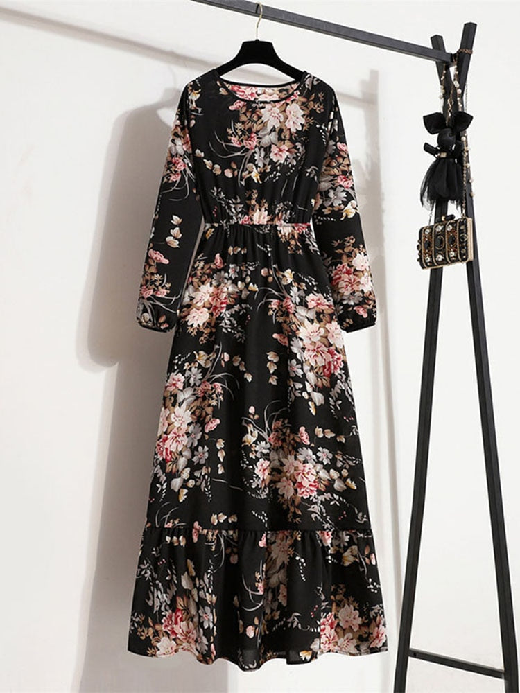 Women Elegant Floral Printed Long Dresses Spring Summer Casual O Neck Long Sleeve Ladies Chic High Waist A Line Beach Dresses
