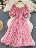 YuooMuoo Limited Big Sale Women Dress Fashion Romantic Floral Print Split Long Summer Dress Puff Sleeve Party Korean Vestidos