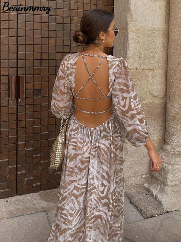 Women Elegant Print Backless Dress 2022 Summer Boho Long Sleeve Floral Hollow Out Dress Casual Loose Beach Vacation Lady Dresses