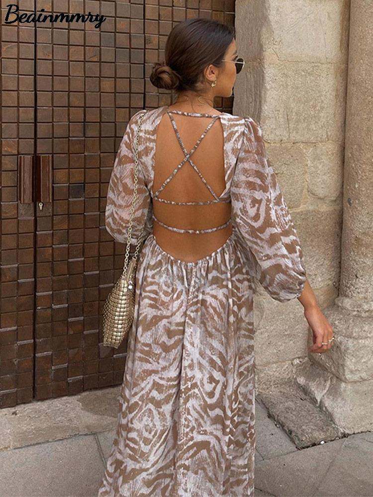 Women Elegant Print Backless Dress 2022 Summer Boho Long Sleeve Floral Hollow Out Dress Casual Loose Beach Vacation Lady Dresses