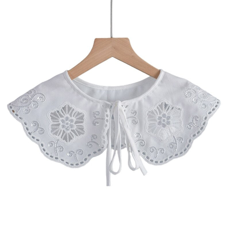 Royal Style Cotton Fake Collar Shawl Wrap Hollow Out Floral Lace Ruffled Trim Necklace Pointed Triangle Lapel Blouse