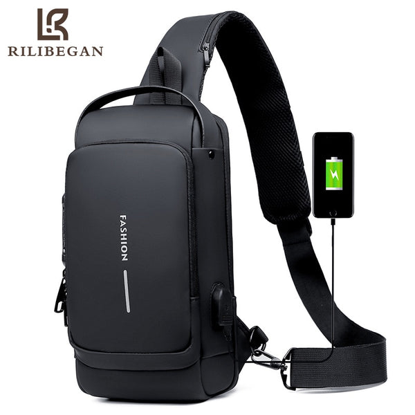 Multifunction Patent Leather Chest Bag Men Waterproof Men Crossbody Bag Anti-theft Travel Bag Male USB Charging Chest Bag Pack